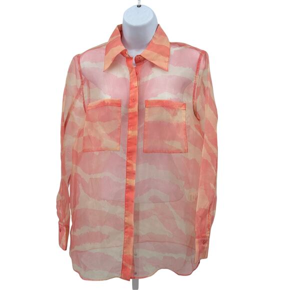 Rachel Zoe Semi-Sheer Button Up Shirt Sz M Pink Orange Animal Print Long Sleeves - Picture 1 of 9